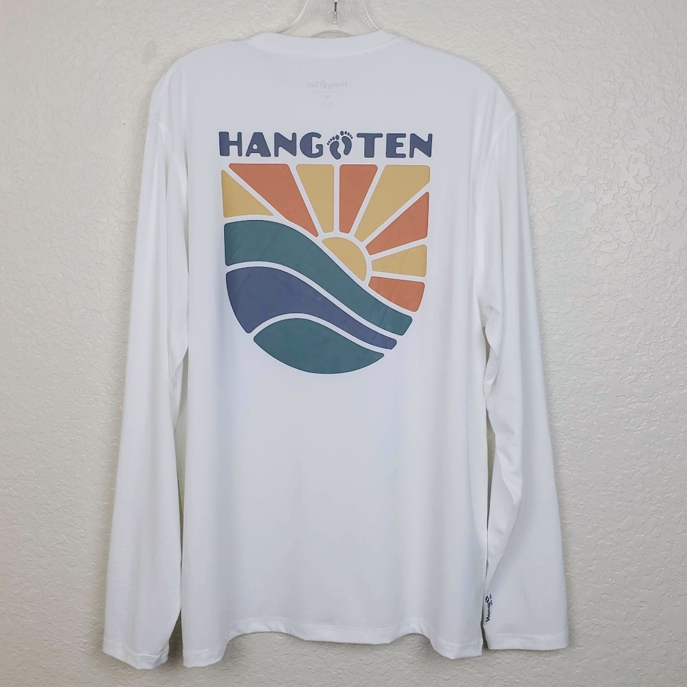Men's Hang Ten White Crew Neck Long Sleeve UPF 50+ Quick Dry Graphic T-Shirt - Picture 4 of 9